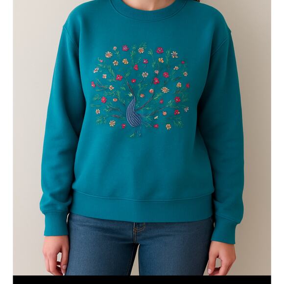 Vintage Teal Peacock Embroidered Sweatshirt Crewneck Pullover Unisex M - Picture 5 of 5